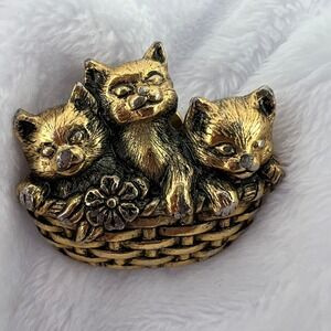 Vintage Brass Tone Cat Pin Brooch Three Kittens in Basket Adorable Pet Lover
